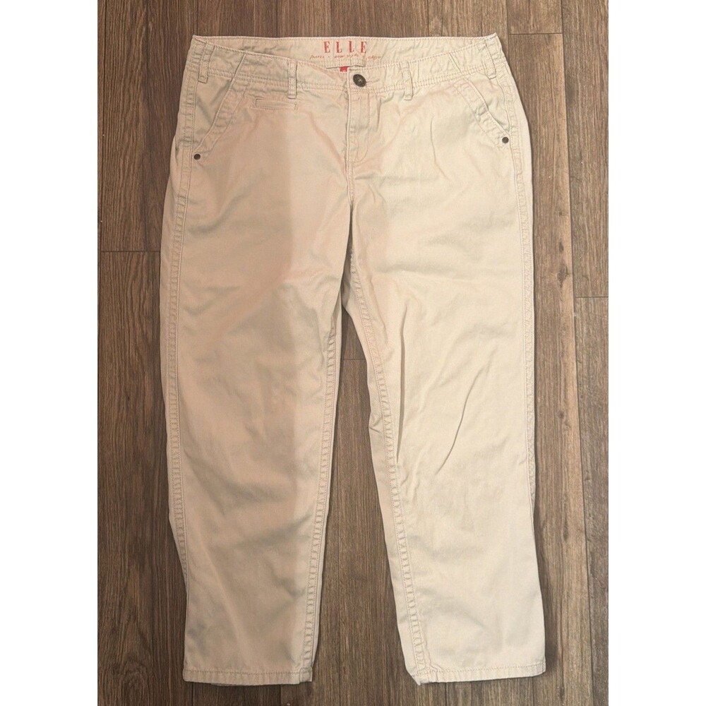 ELLE Women’s Khaki Capri Pants Size 12 Beige Cotton Chino Crop Trousers Y2K Work